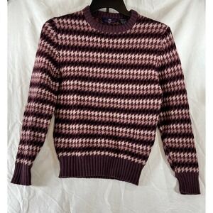 Vtg Jean‎ Paul Germain Shetland Wool Sweater Women M Houndstooth Burgundy Pink
